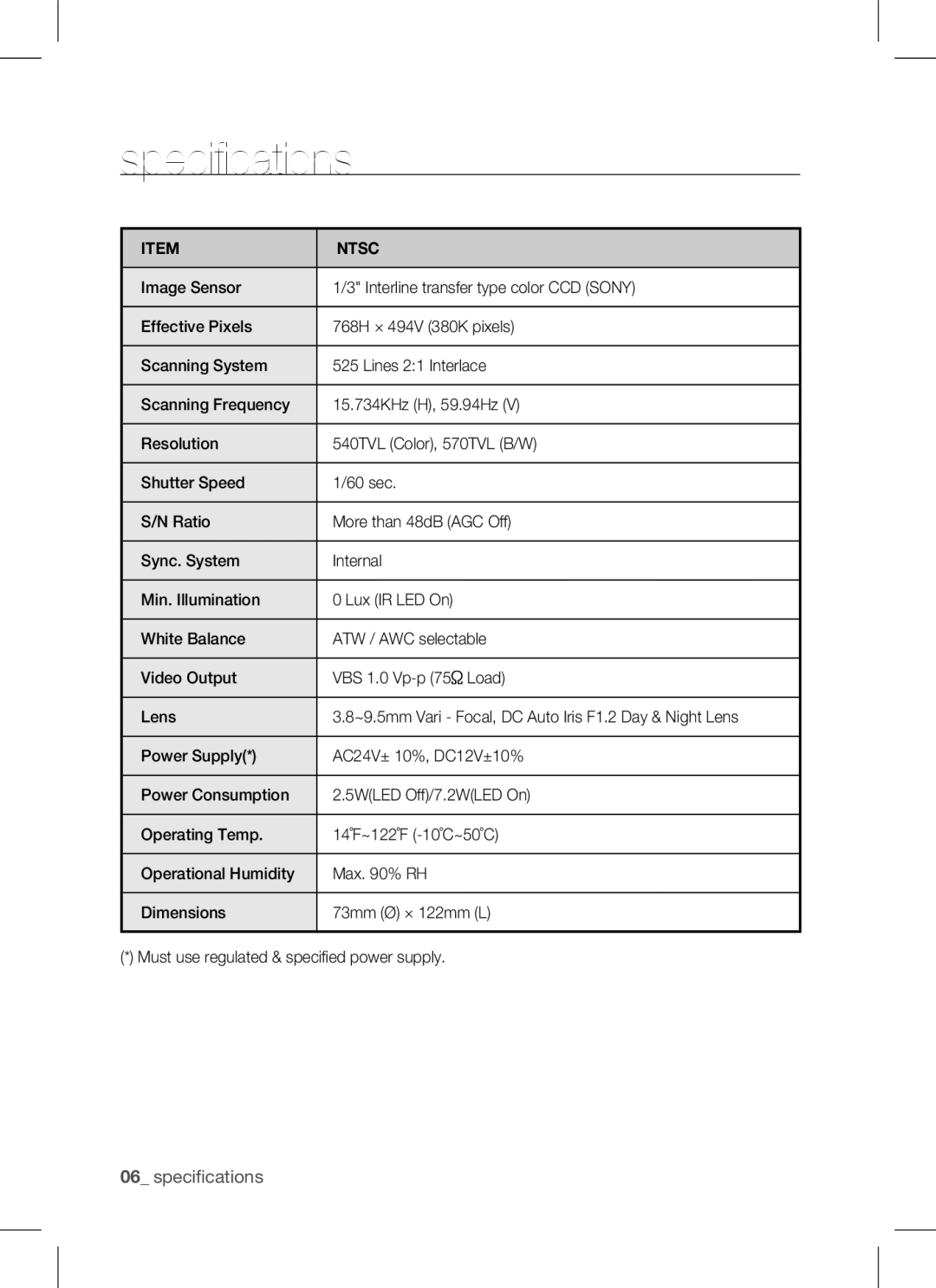 Samsung SCC-B9371 operating instructions Specifications, Ntsc 