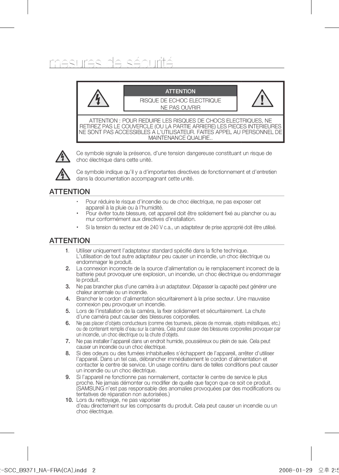 Samsung SCC-B9371 operating instructions Mesures de sécurité, Risque DE Echoc Electrique 