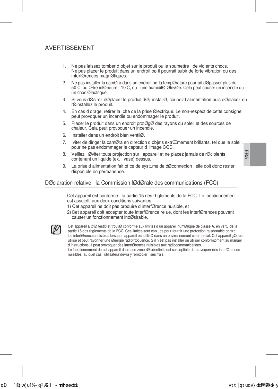 Samsung SCC-B9371 operating instructions Avertissement 