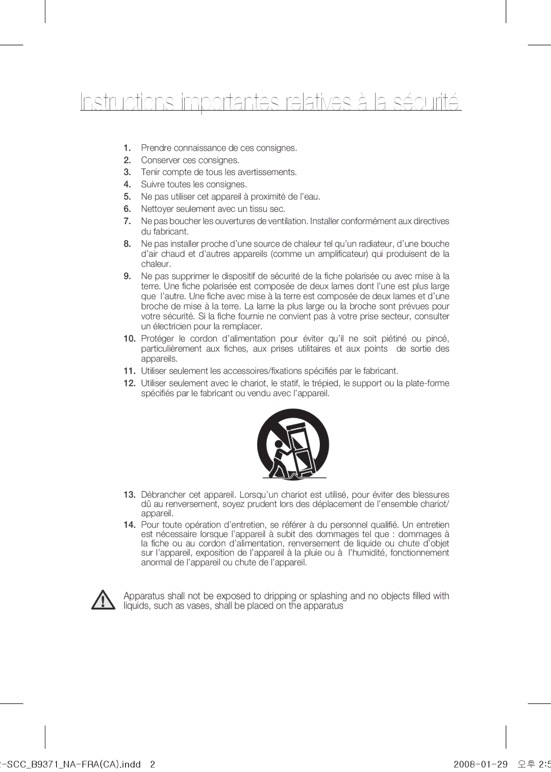 Samsung SCC-B9371 operating instructions Instructions importantes relatives à la sécurité 