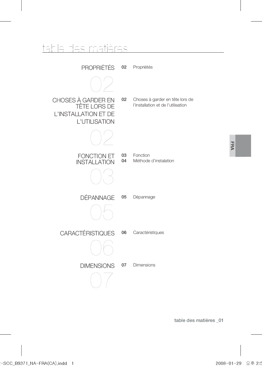 Samsung SCC-B9371 operating instructions Table des matières, Fonction et installation 