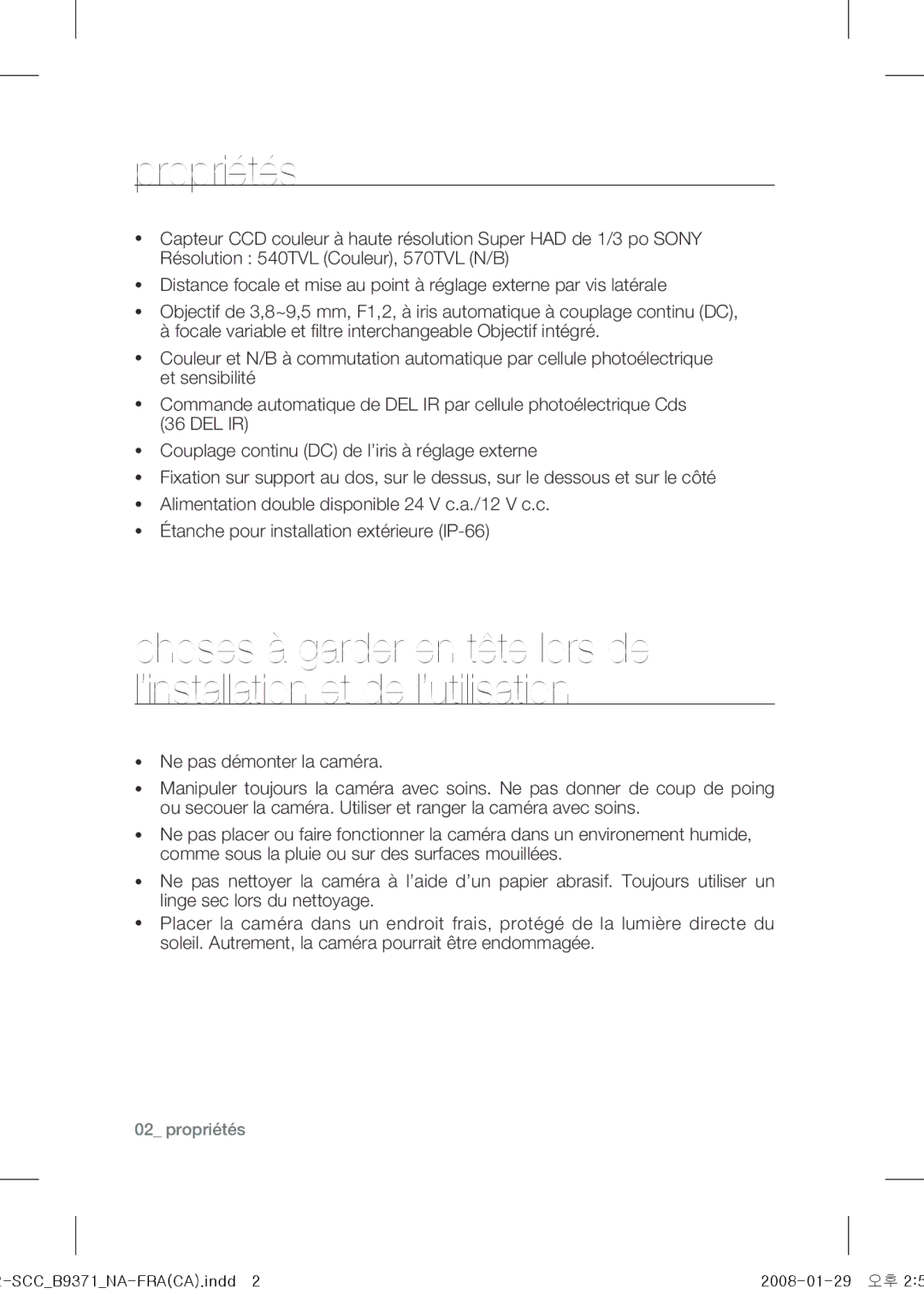 Samsung SCC-B9371 operating instructions Propriétés 