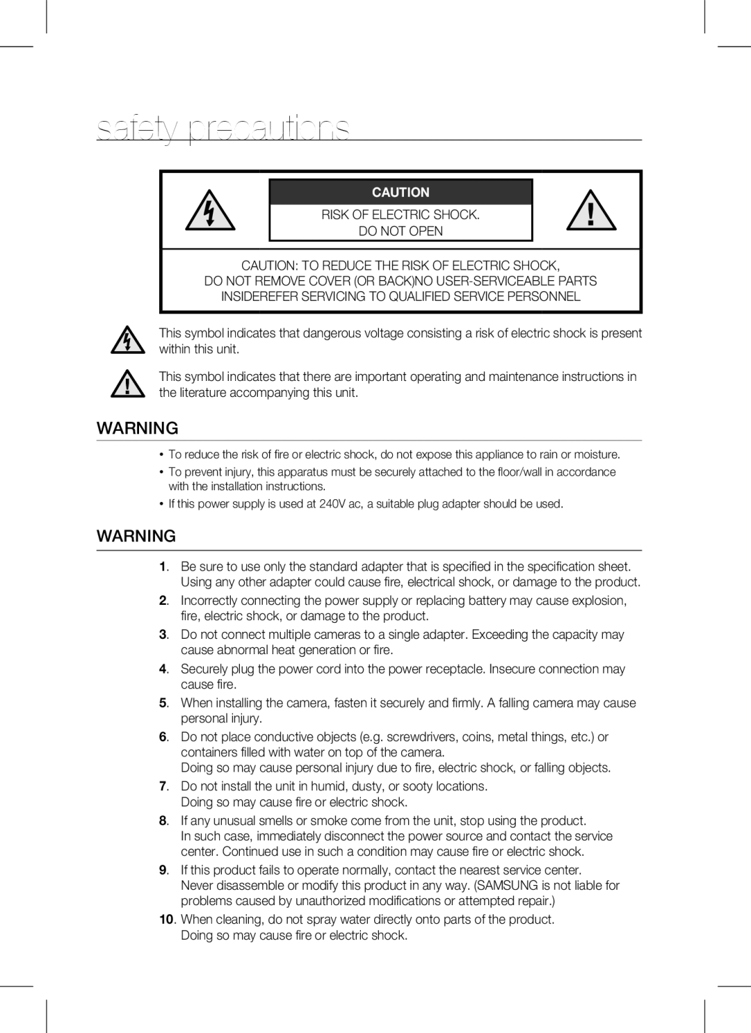 Samsung SCC-B9371 operating instructions Safety precautions 