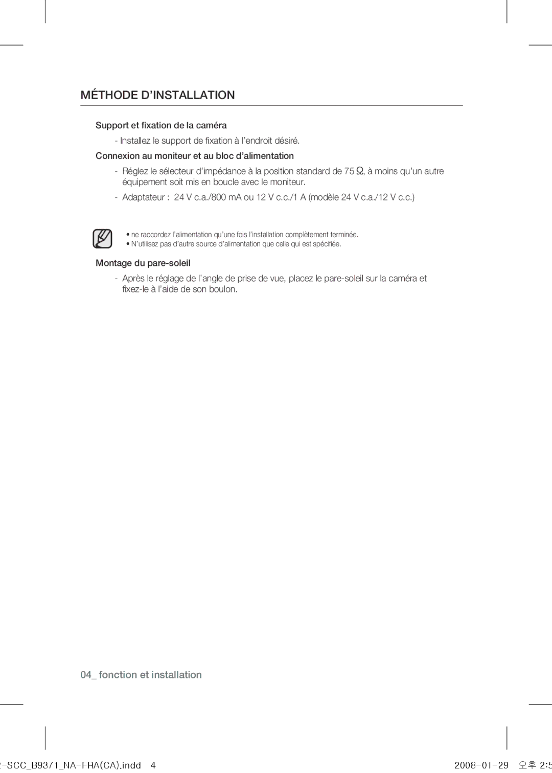 Samsung SCC-B9371 operating instructions Méthode d’installation 