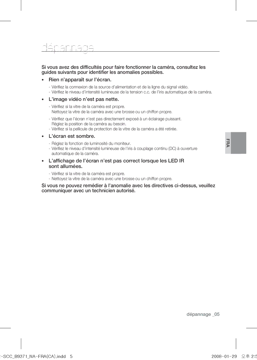 Samsung SCC-B9371 operating instructions Dépannage, ’image vidéo n’est pas nette 