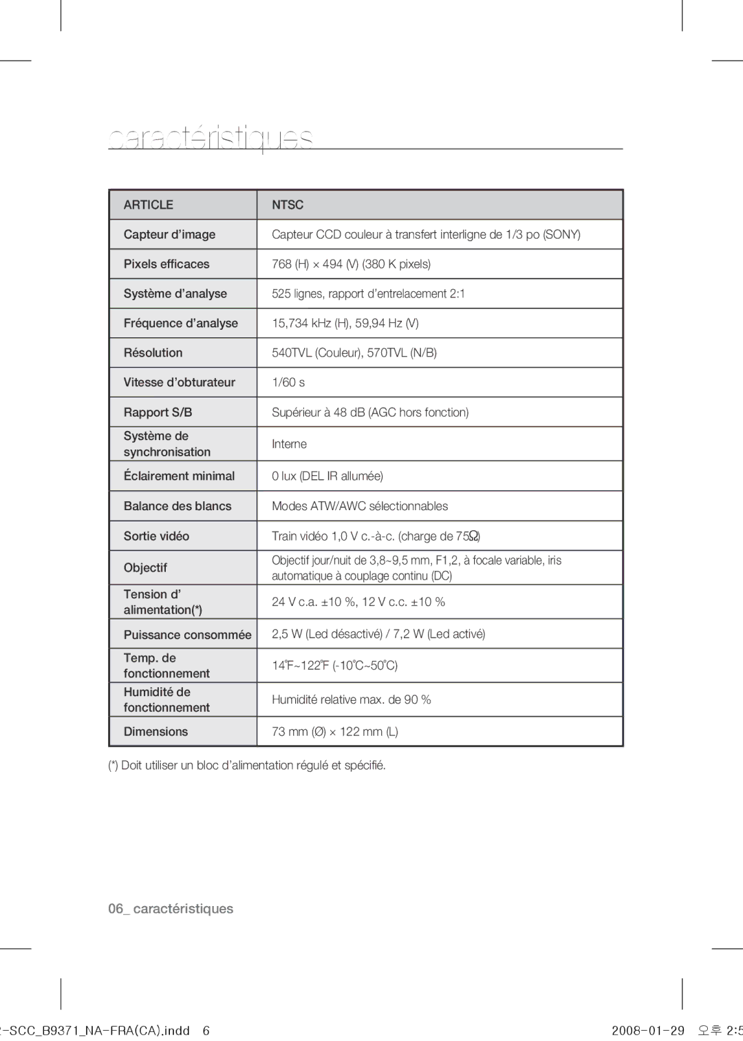 Samsung SCC-B9371 operating instructions Caractéristiques, Article Ntsc 