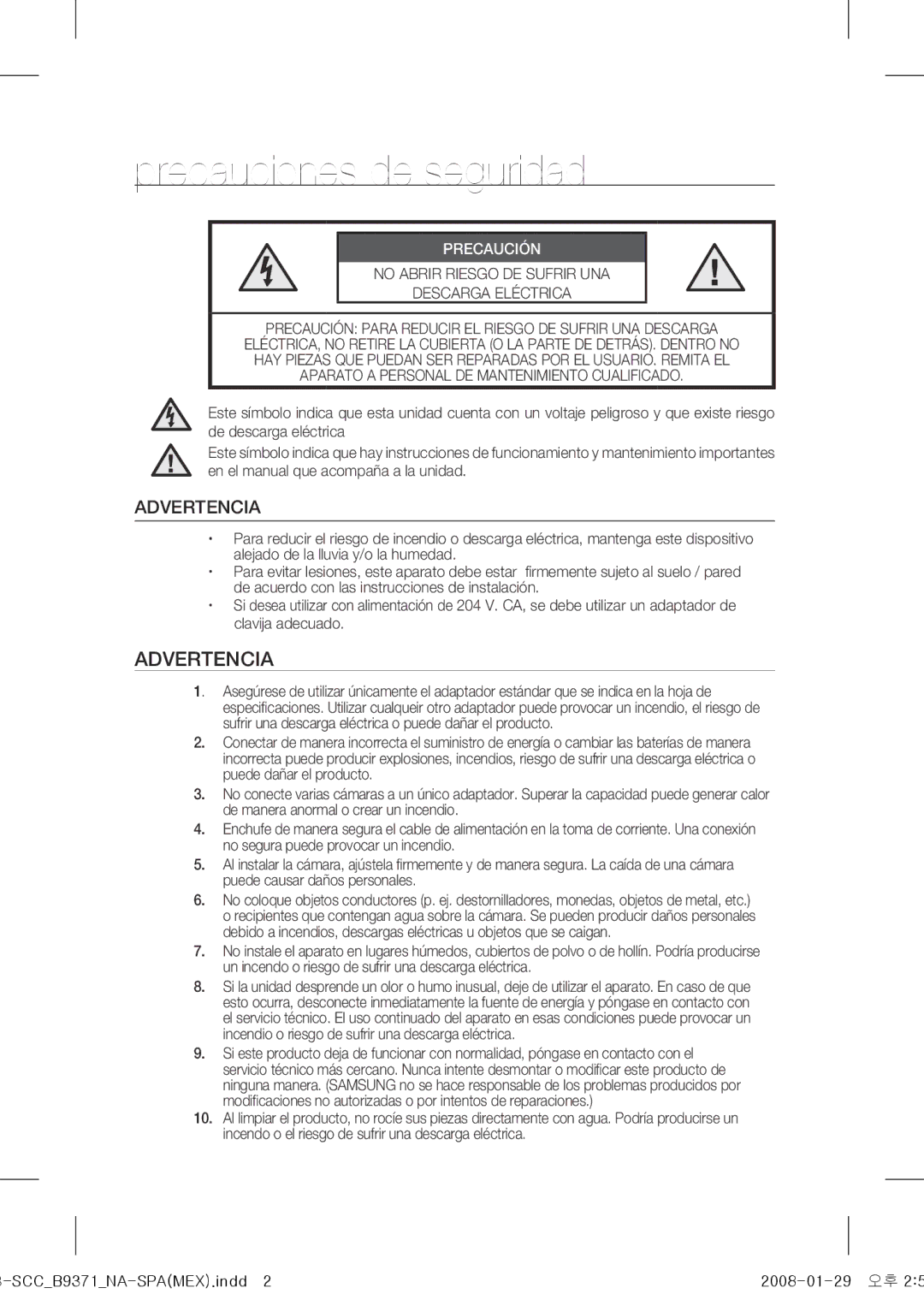 Samsung SCC-B9371 operating instructions Precauciones de seguridad, Precaución 