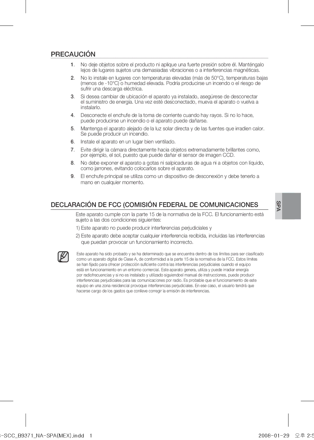 Samsung SCC-B9371 operating instructions Precaución, Declaración de FCC Comisión Federal de Comunicaciones 