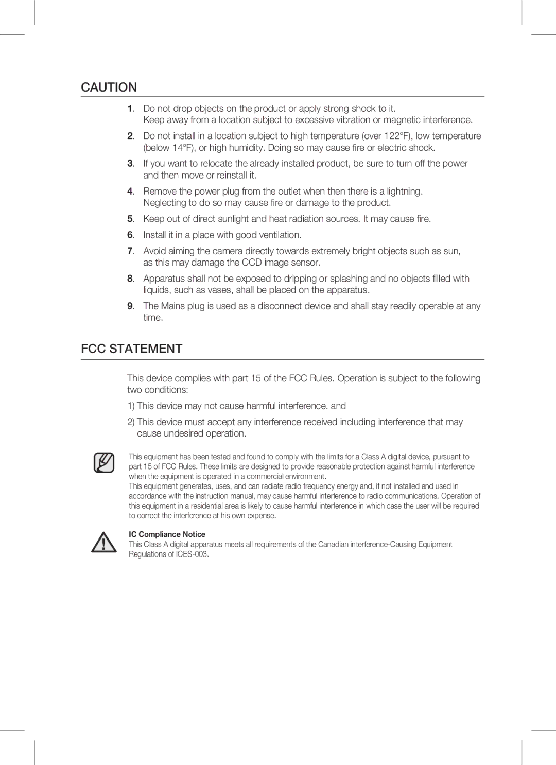 Samsung SCC-B9371 operating instructions FCC Statement 