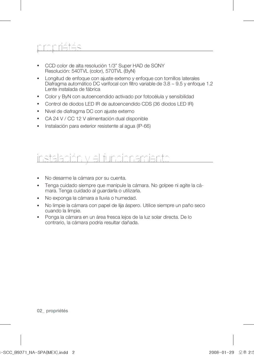 Samsung SCC-B9371 operating instructions Propriétés, Instalación y el funcionamiento 