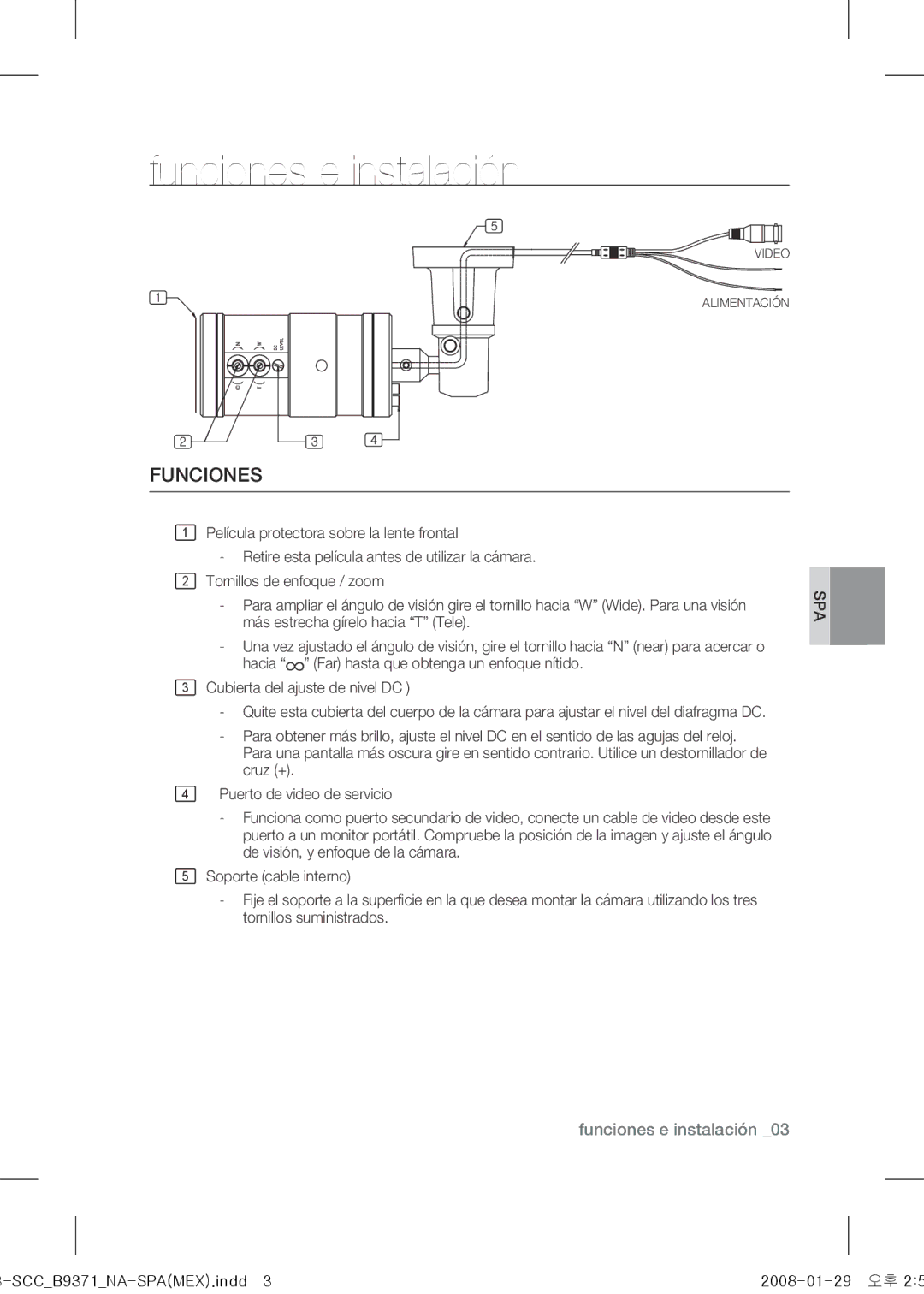 Samsung SCC-B9371 operating instructions Funciones e instalación 