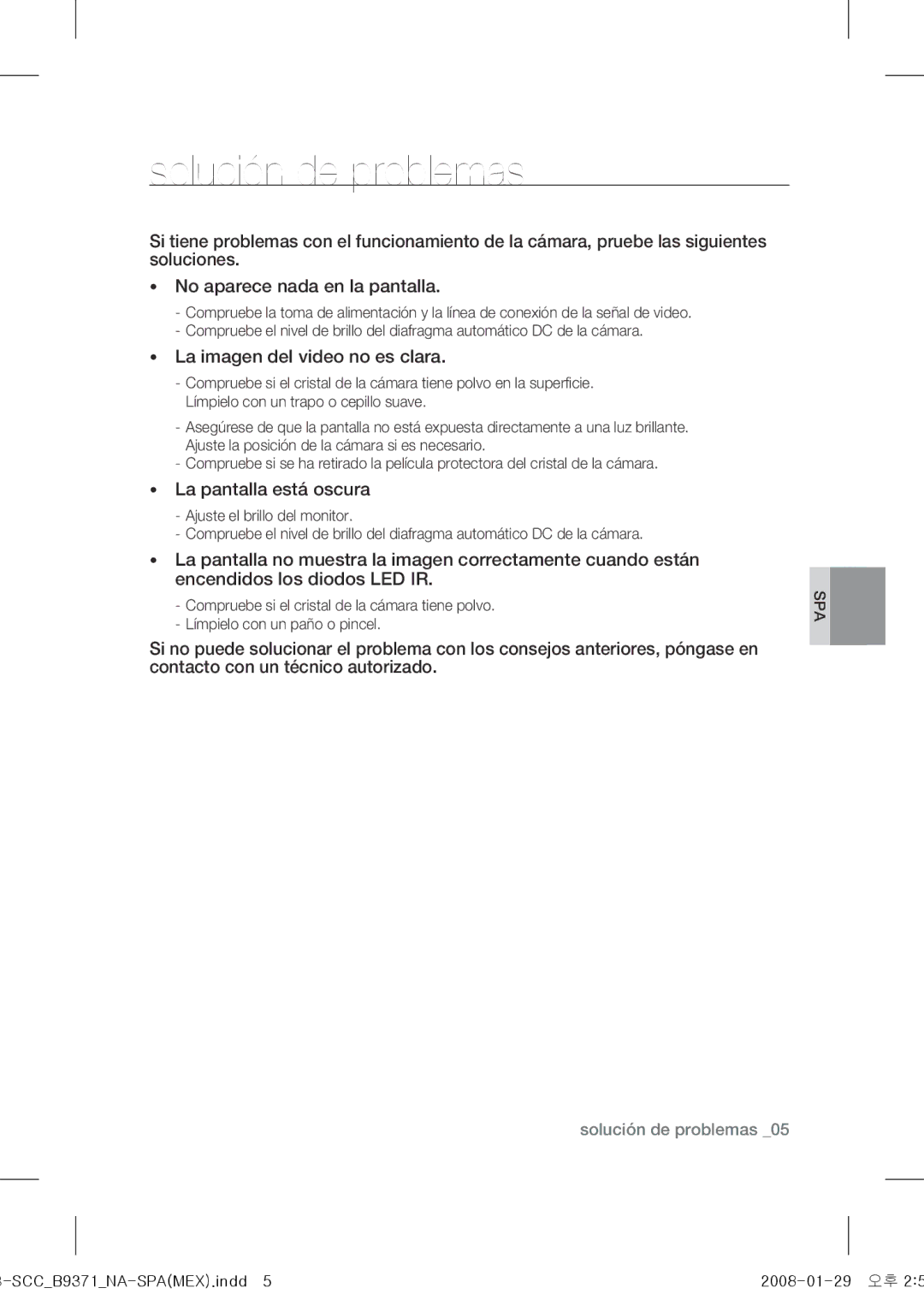 Samsung SCC-B9371 operating instructions Solución de problemas, La imagen del video no es clara 