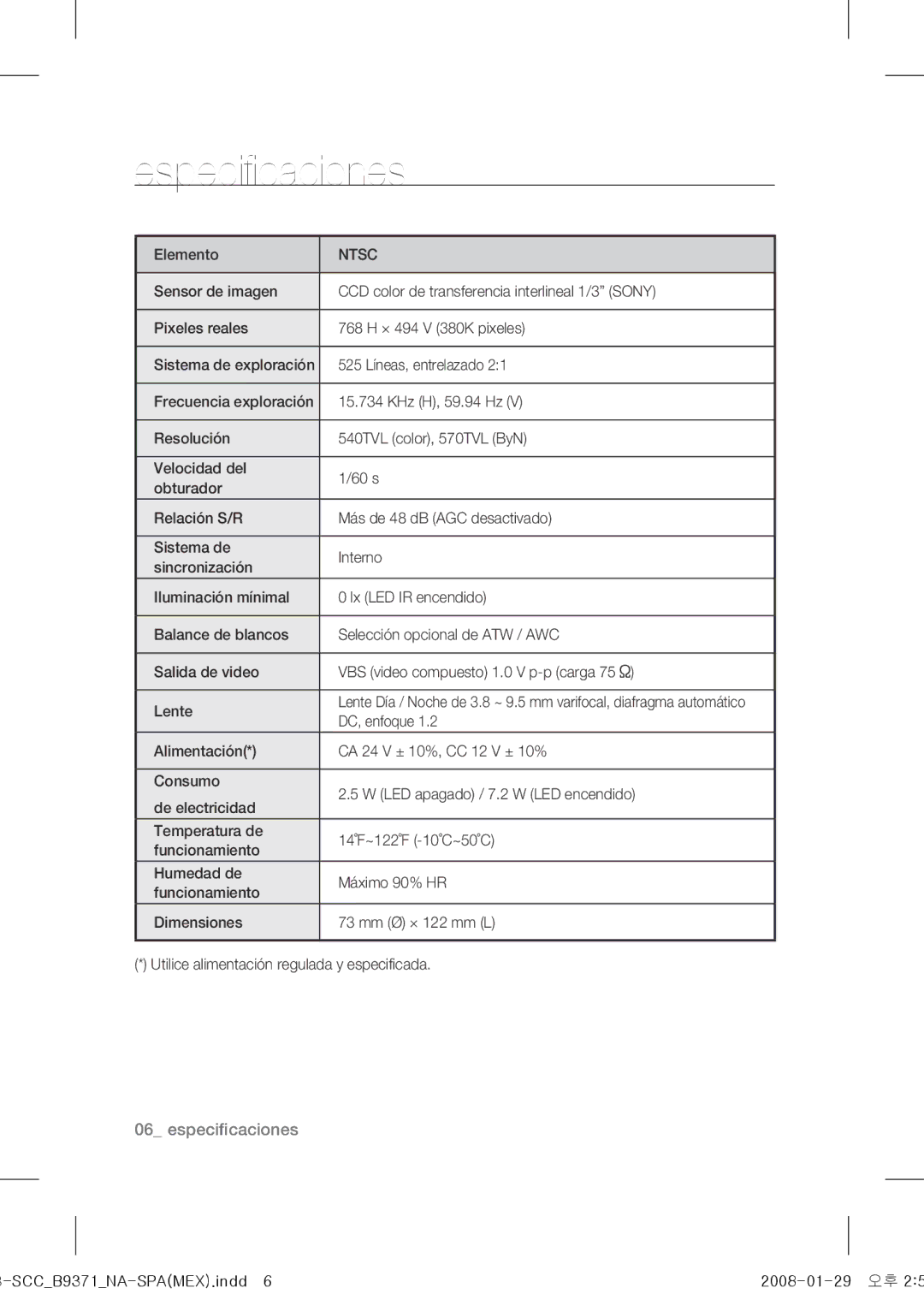 Samsung SCC-B9371 operating instructions Especificaciones 