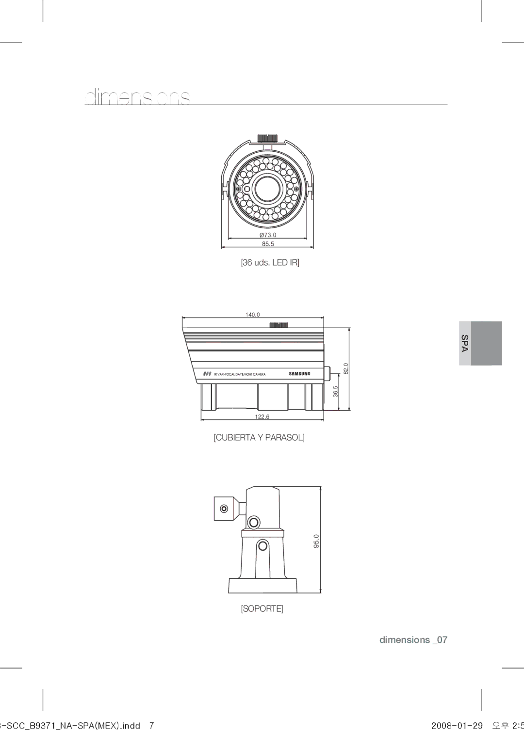 Samsung SCC-B9371 operating instructions SPA Cubierta Y Parasol Soporte 