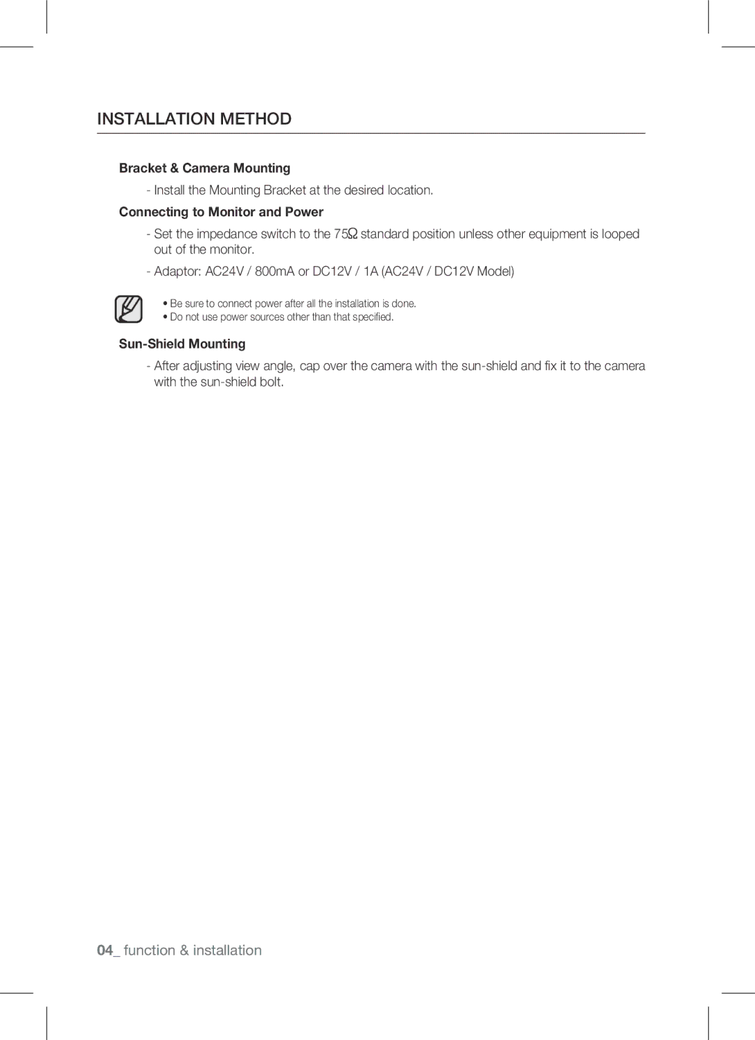 Samsung SCC-B9371 operating instructions Installation Method 