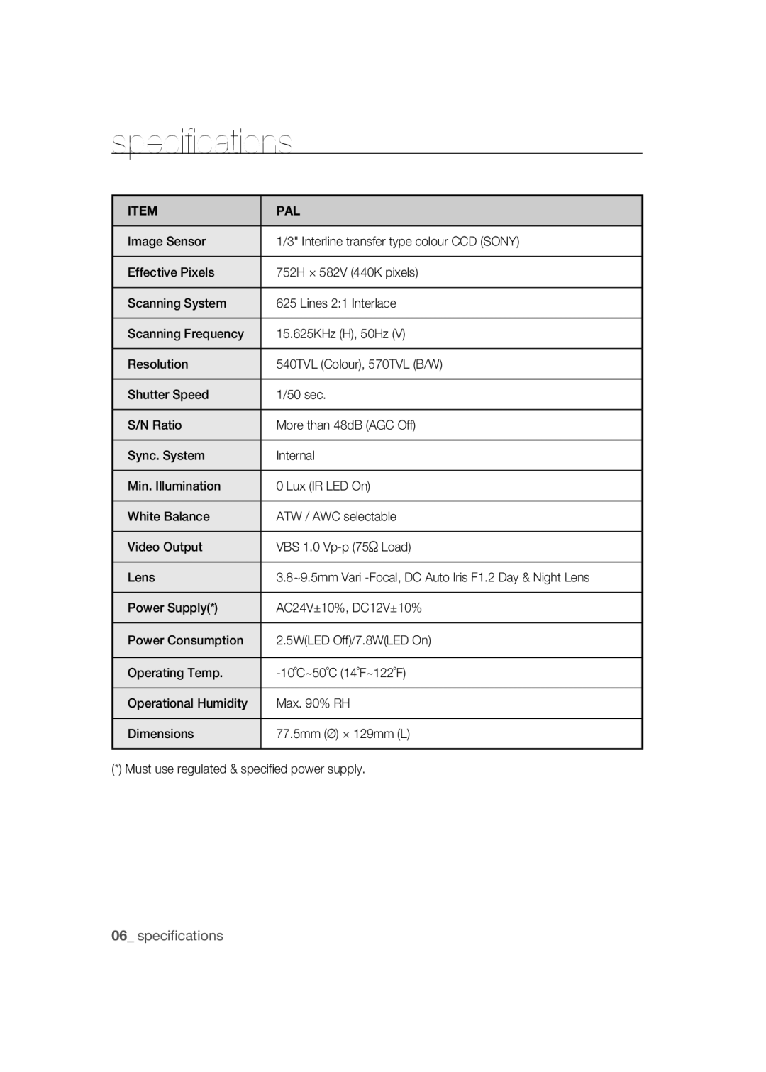 Samsung SCC-B9372 operating instructions Specifications, Pal 