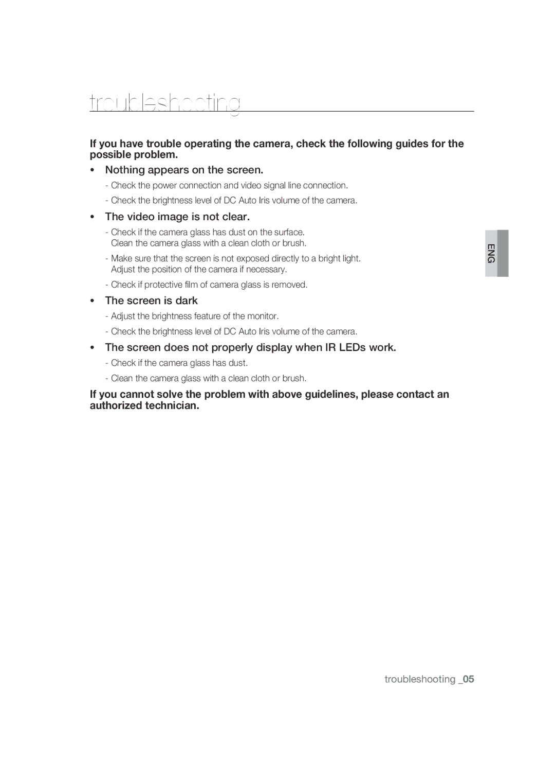 Samsung SCC-B9372 operating instructions Troubleshooting, Nothing appears on the screen 