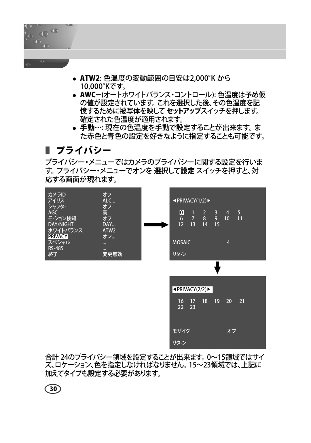 Samsung SCC-B9372P manual プライバシー,  ATW2 色温度の変動範囲の目安は2,000K から 