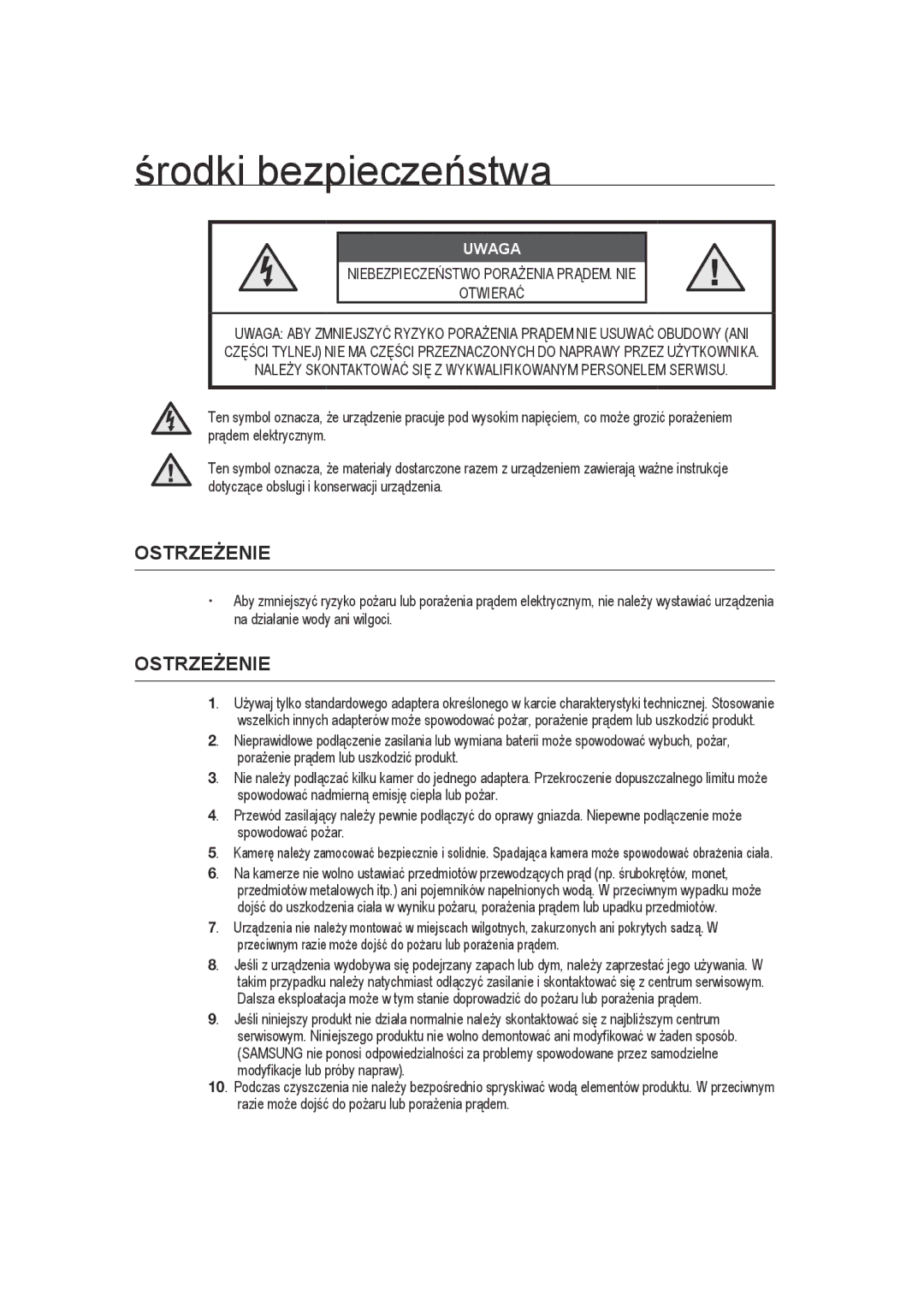 Samsung SCC-B9372P manual Środki bezpieczeństwa, Ostrzeżenie 