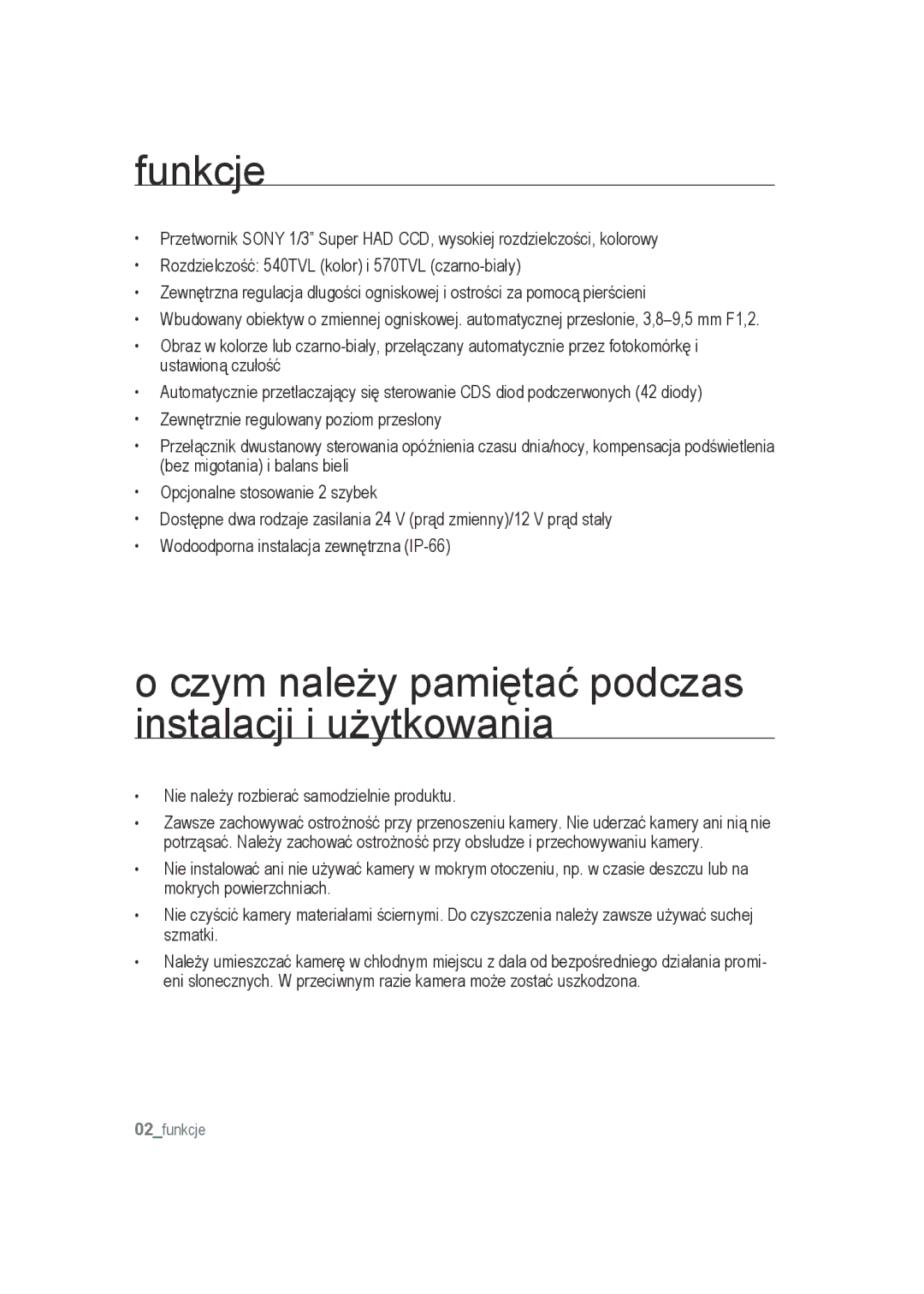 Samsung SCC-B9372P manual Funkcje, Czym należy pamiętać podczas instalacji i użytkowania 