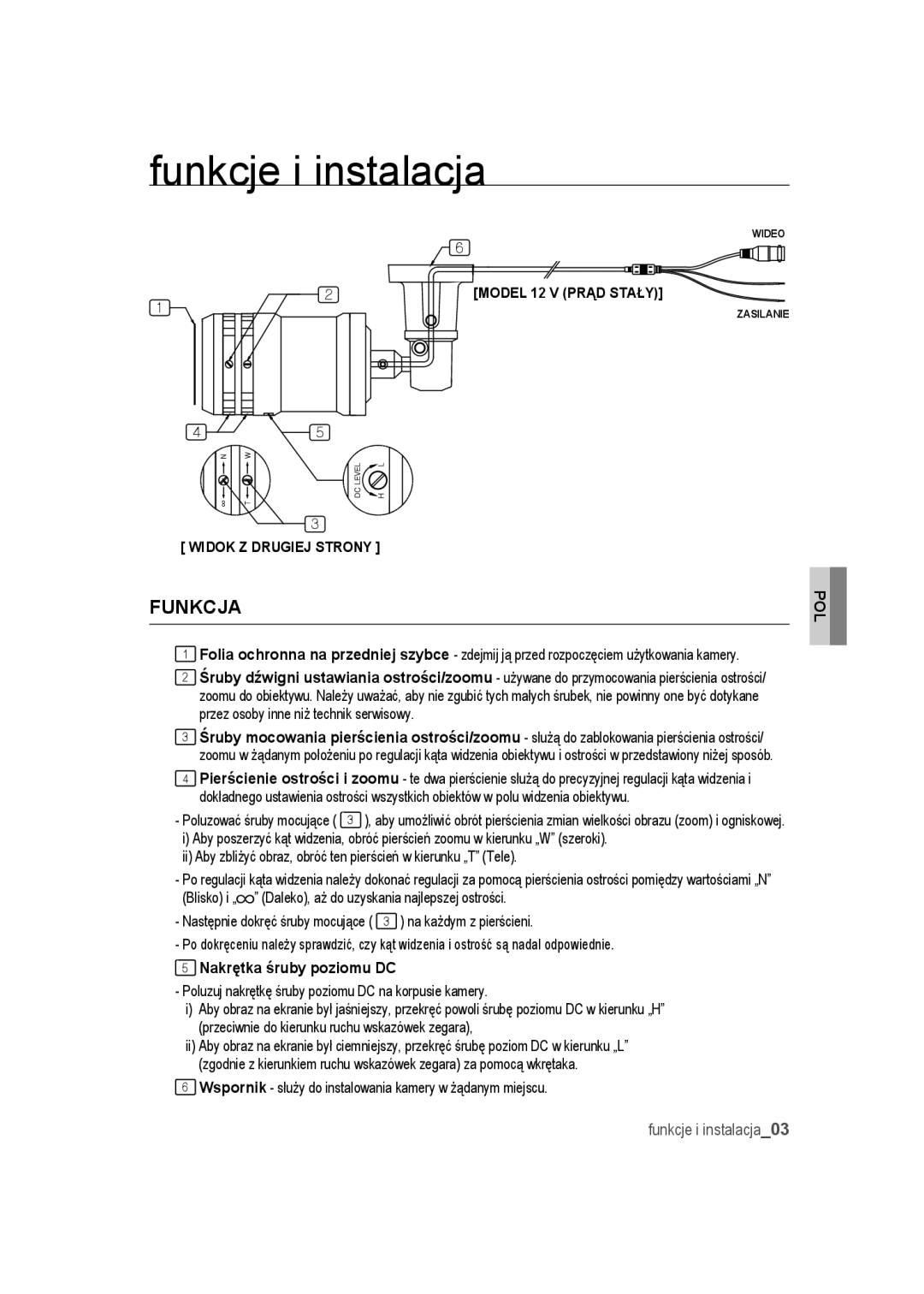 Samsung SCC-B9372P manual Funkcje i instalacja, Nakrętka śruby poziomu DC 