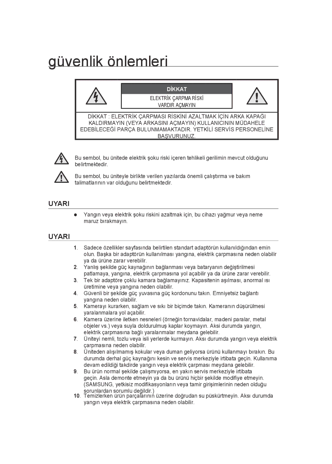 Samsung SCC-B9372P manual Güvenlik önlemleri, Uyari 