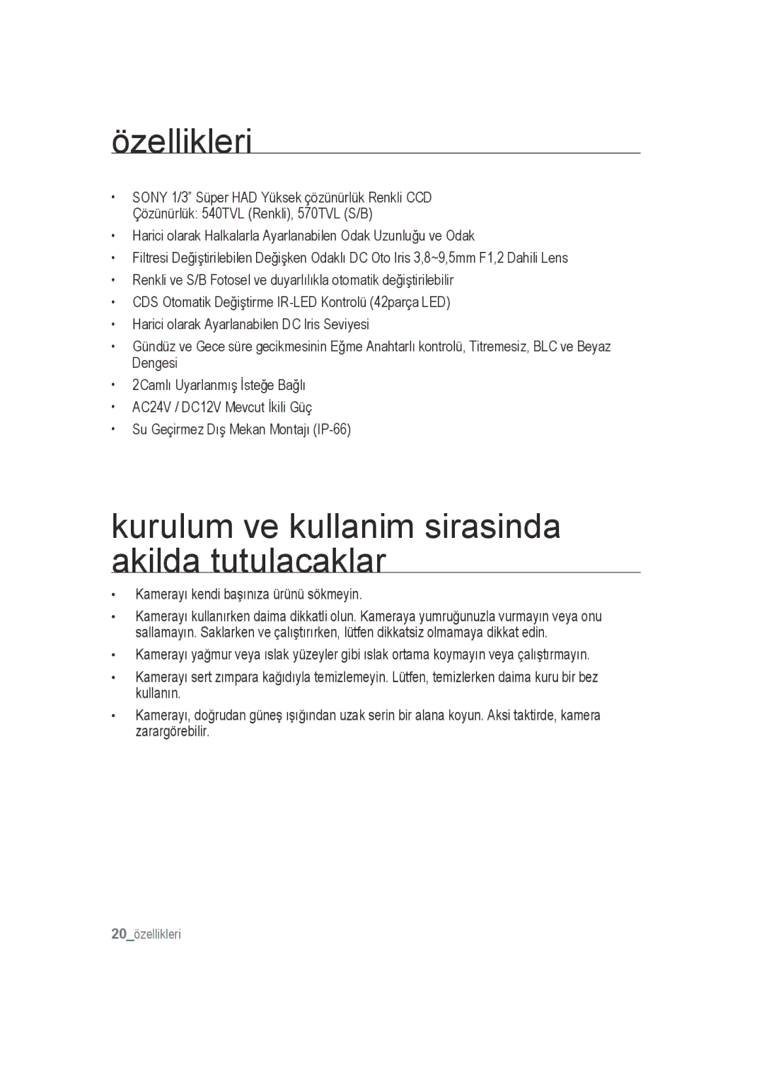 Samsung SCC-B9372P manual Özellikleri, Kurulum ve kullanim sirasinda akilda tutulacaklar 