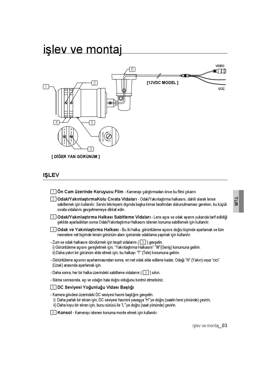 Samsung SCC-B9372P manual Işlev ve montaj, DC Seviyesi Yoğunluğu Vidası Başlığı 