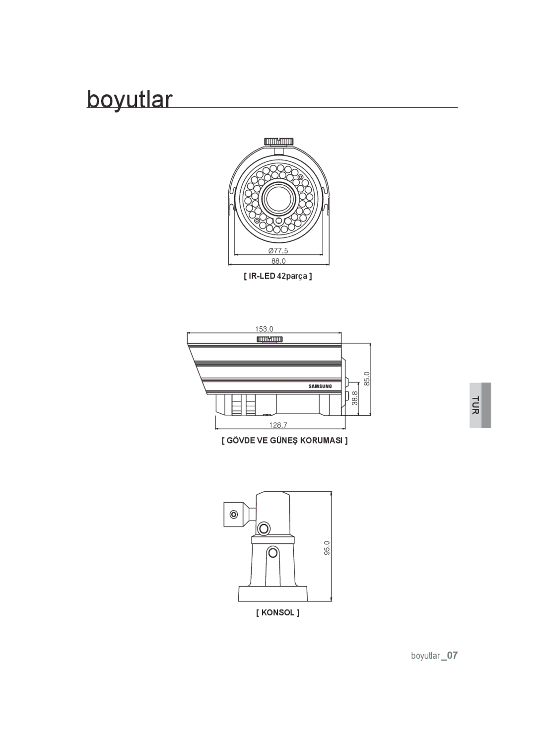 Samsung SCC-B9372P manual Boyutlar 