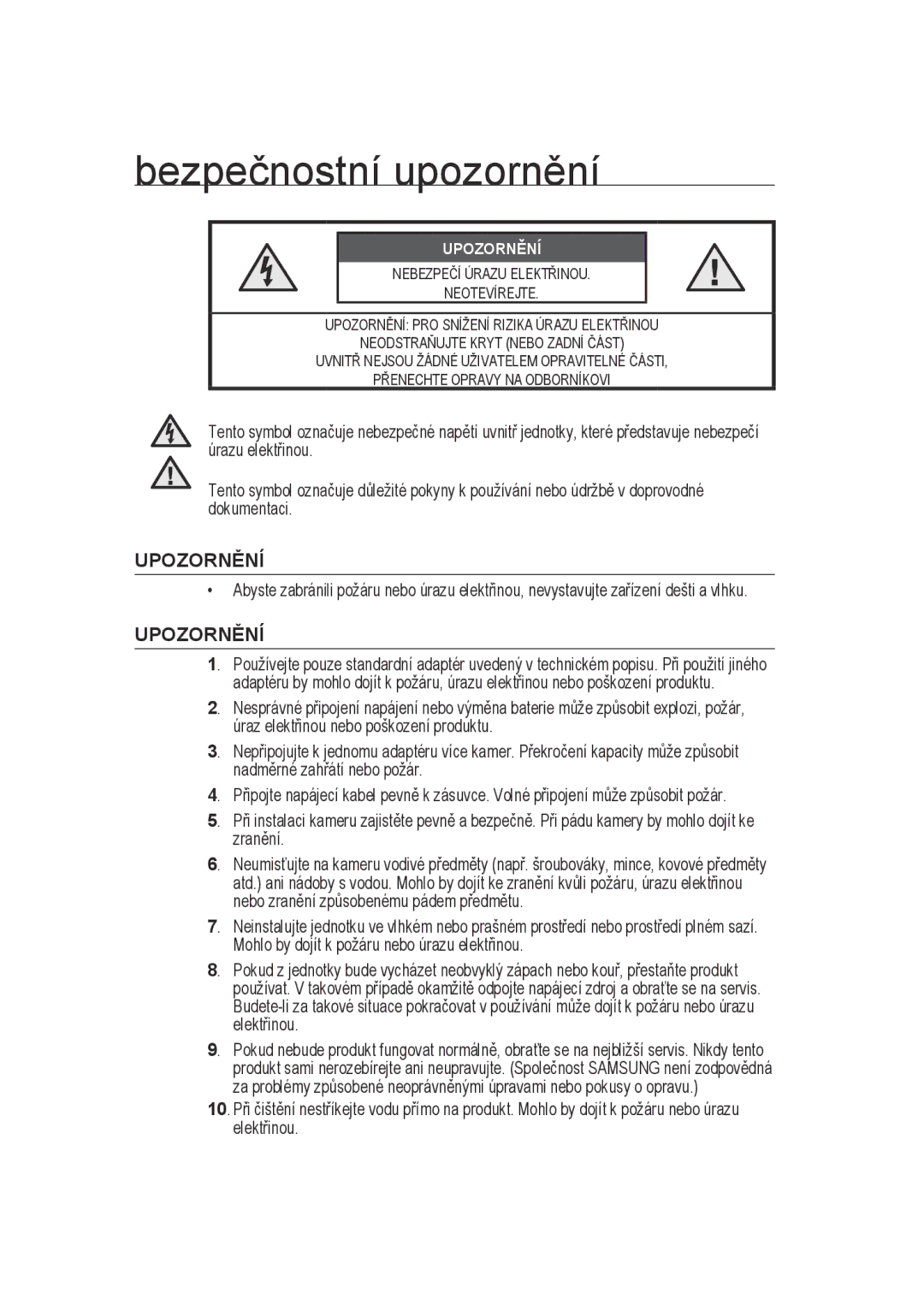 Samsung SCC-B9372P manual Bezpečnostní upozornění, Upozornění 