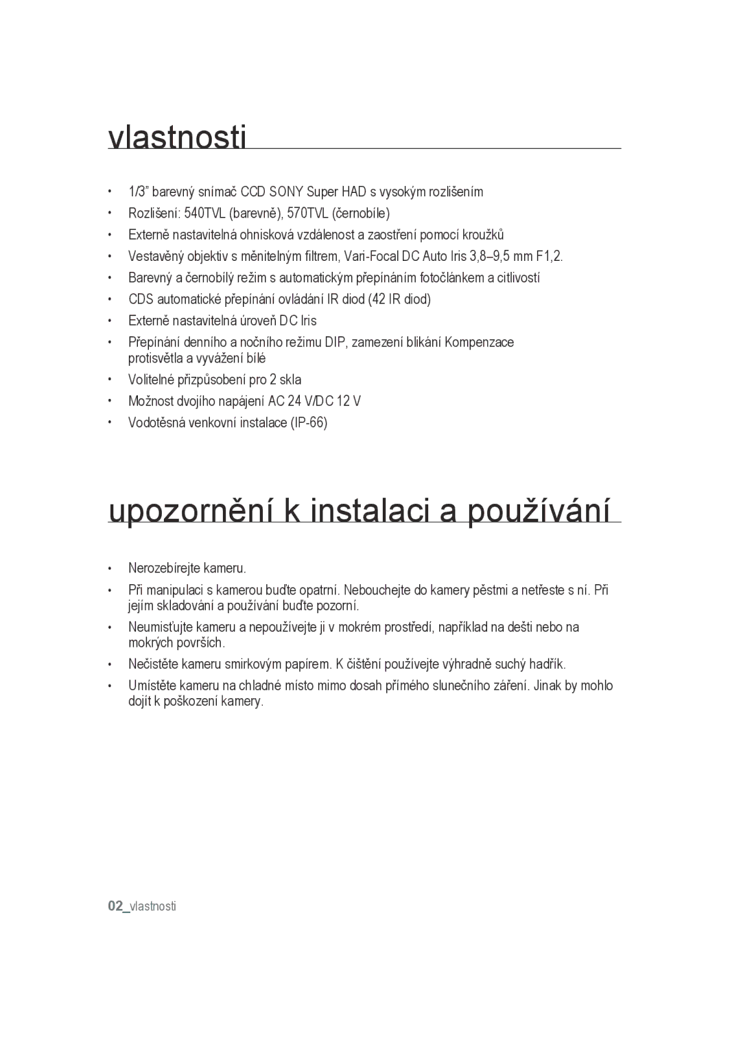 Samsung SCC-B9372P manual Vlastnosti, Upozornění k instalaci a používání 