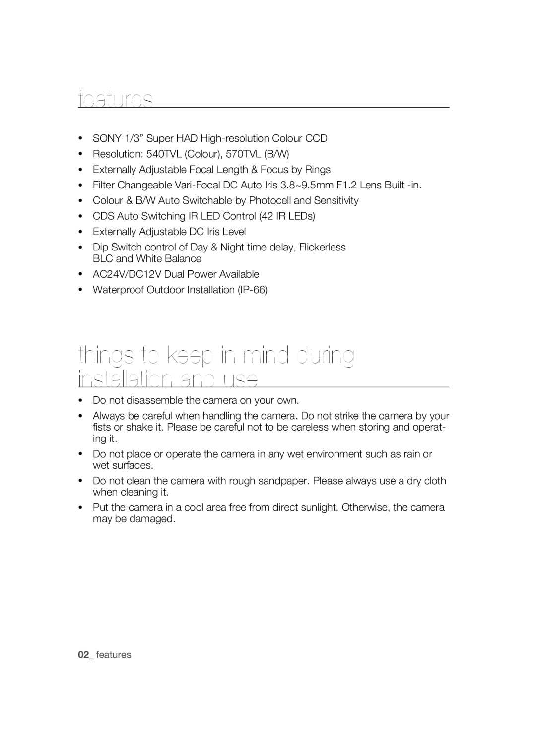 Samsung SCC-B9372P manual Features, Things to keep in mind during installation and use 