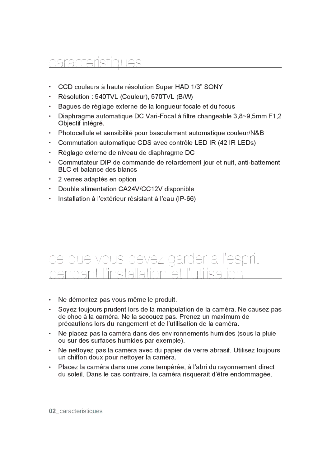 Samsung SCC-B9372P manual Caracteristiques 