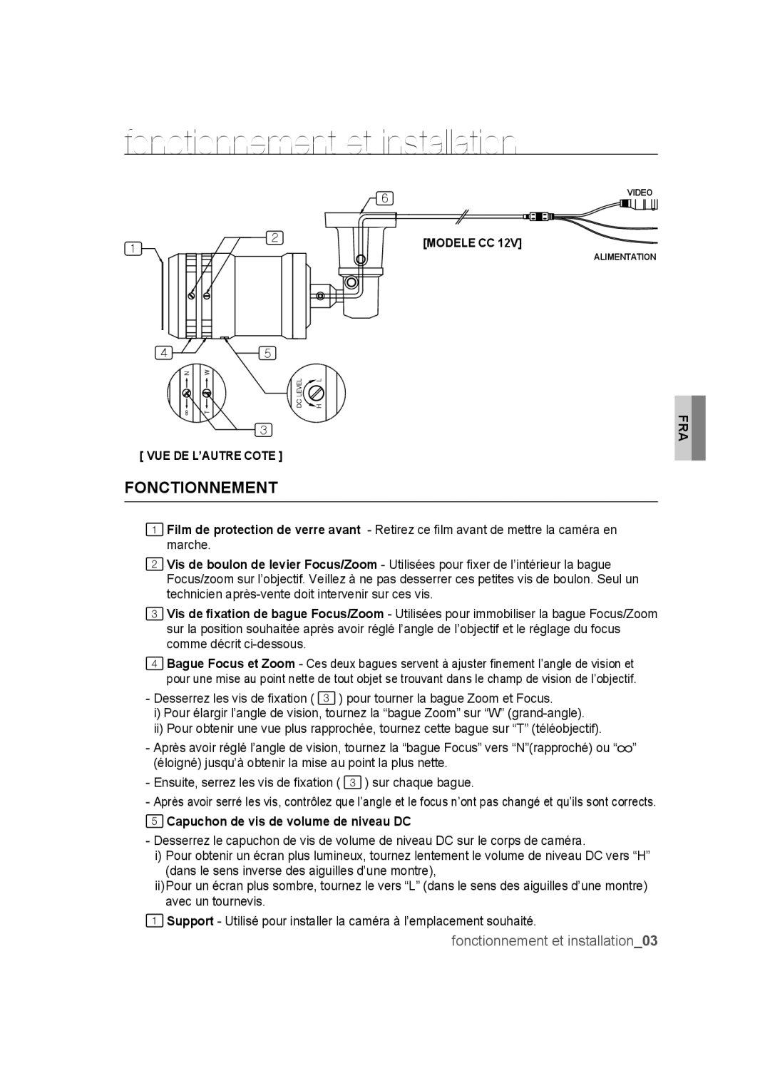 Samsung SCC-B9372P manual Fonctionnement et installation, Capuchon de vis de volume de niveau DC 