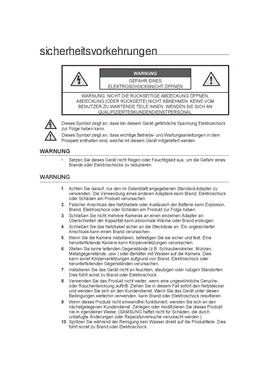 Samsung SCC-B9372P manual Sicherheitsvorkehrungen, Warnung 