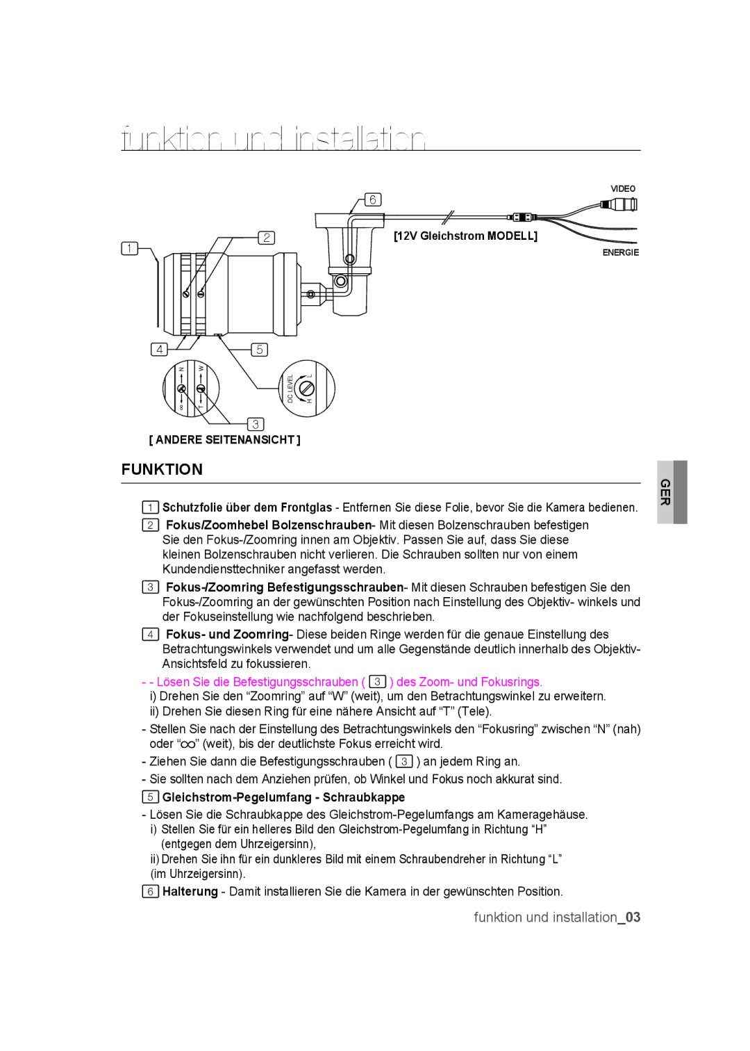 Samsung SCC-B9372P manual Funktion und installation, Gleichstrom-Pegelumfang Schraubkappe 