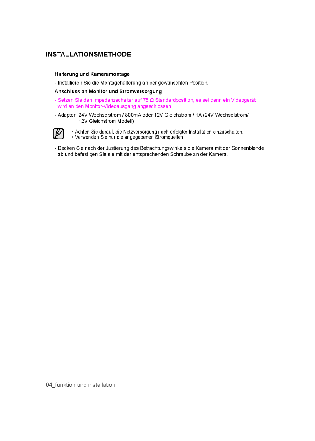 Samsung SCC-B9372P manual Installationsmethode, Halterung und Kameramontage, Anschluss an Monitor und Stromversorgung 