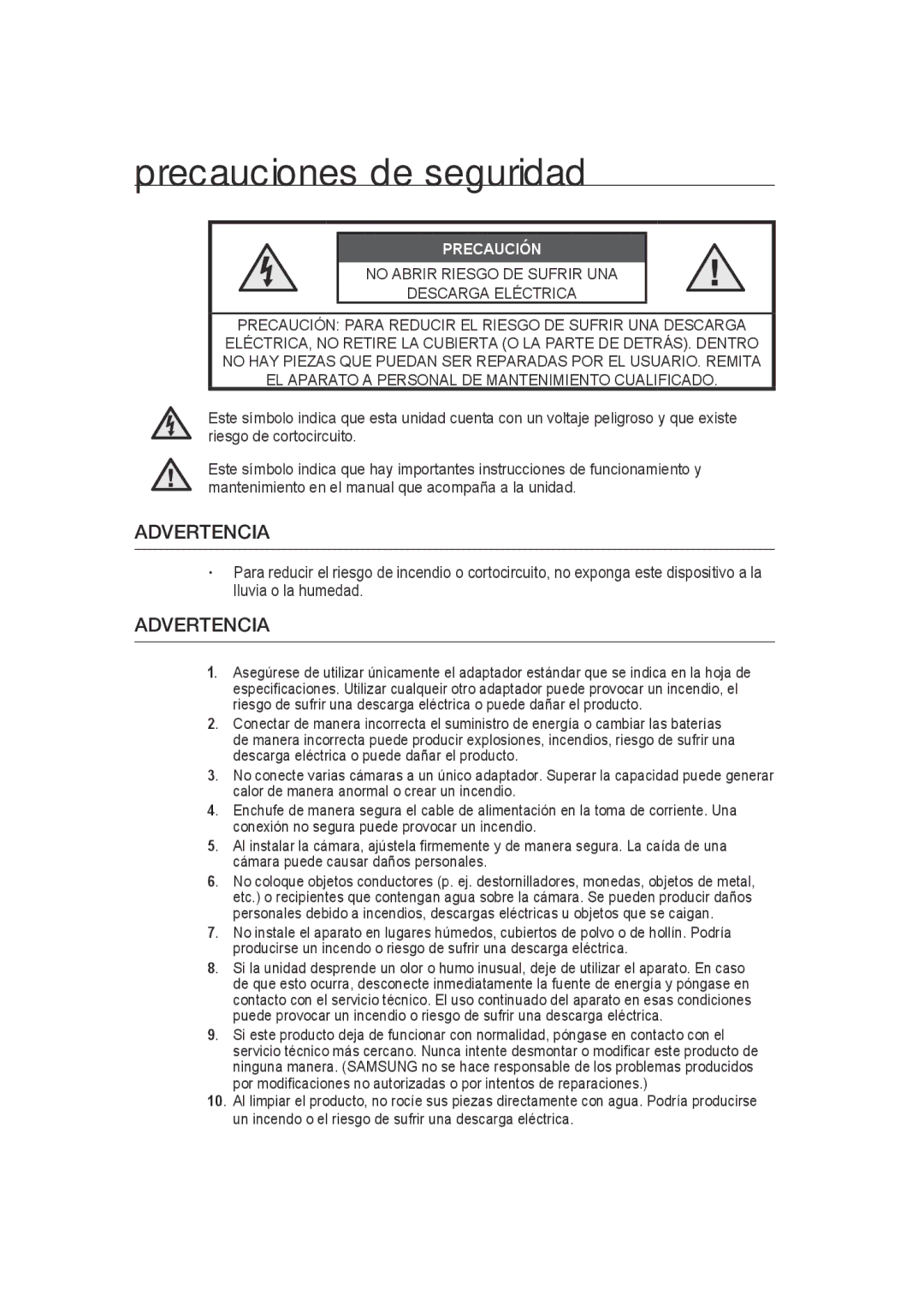 Samsung SCC-B9372P manual Precauciones de seguridad, Precaución 