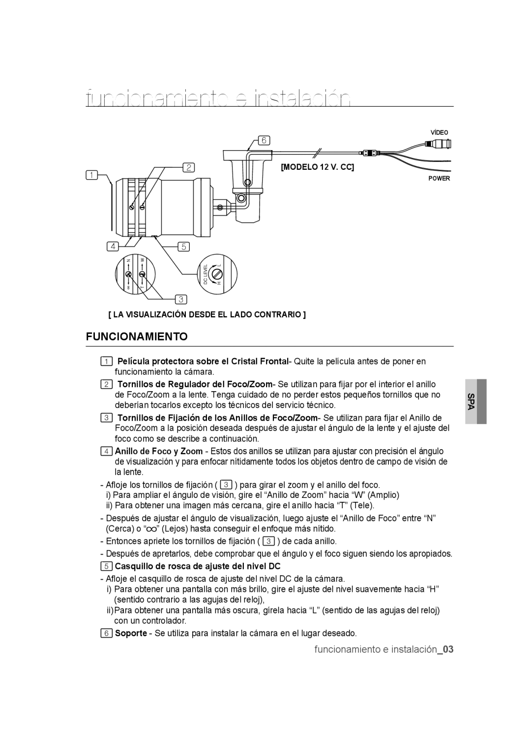 Samsung SCC-B9372P manual Funcionamiento e instalación, Casquillo de rosca de ajuste del nivel DC 