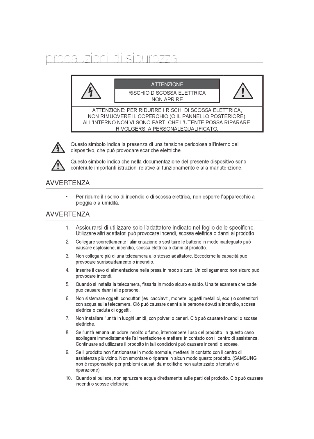 Samsung SCC-B9372P manual Precauzioni di sicurezza, Attenzione 