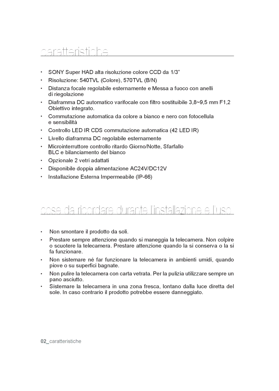 Samsung SCC-B9372P manual Caratteristiche, Cose da ricordare durante l’installazione e l’uso 