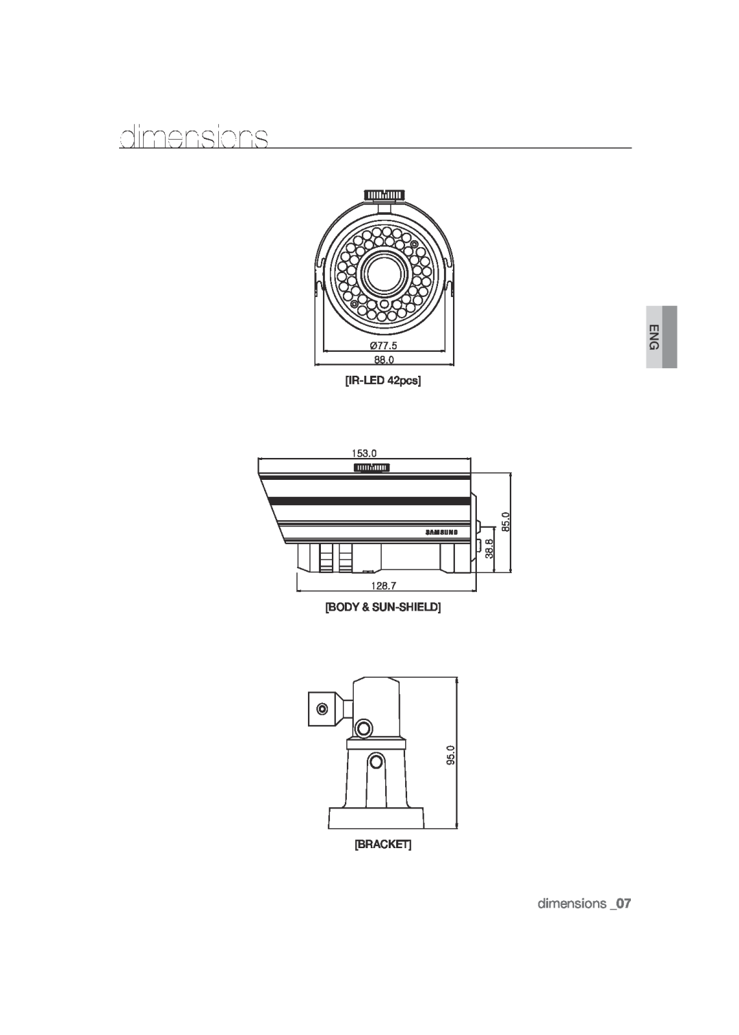 Samsung SCC-B9372P manual dimensions, IR-LED 42pcs BODY & SUN-SHIELD BRACKET 