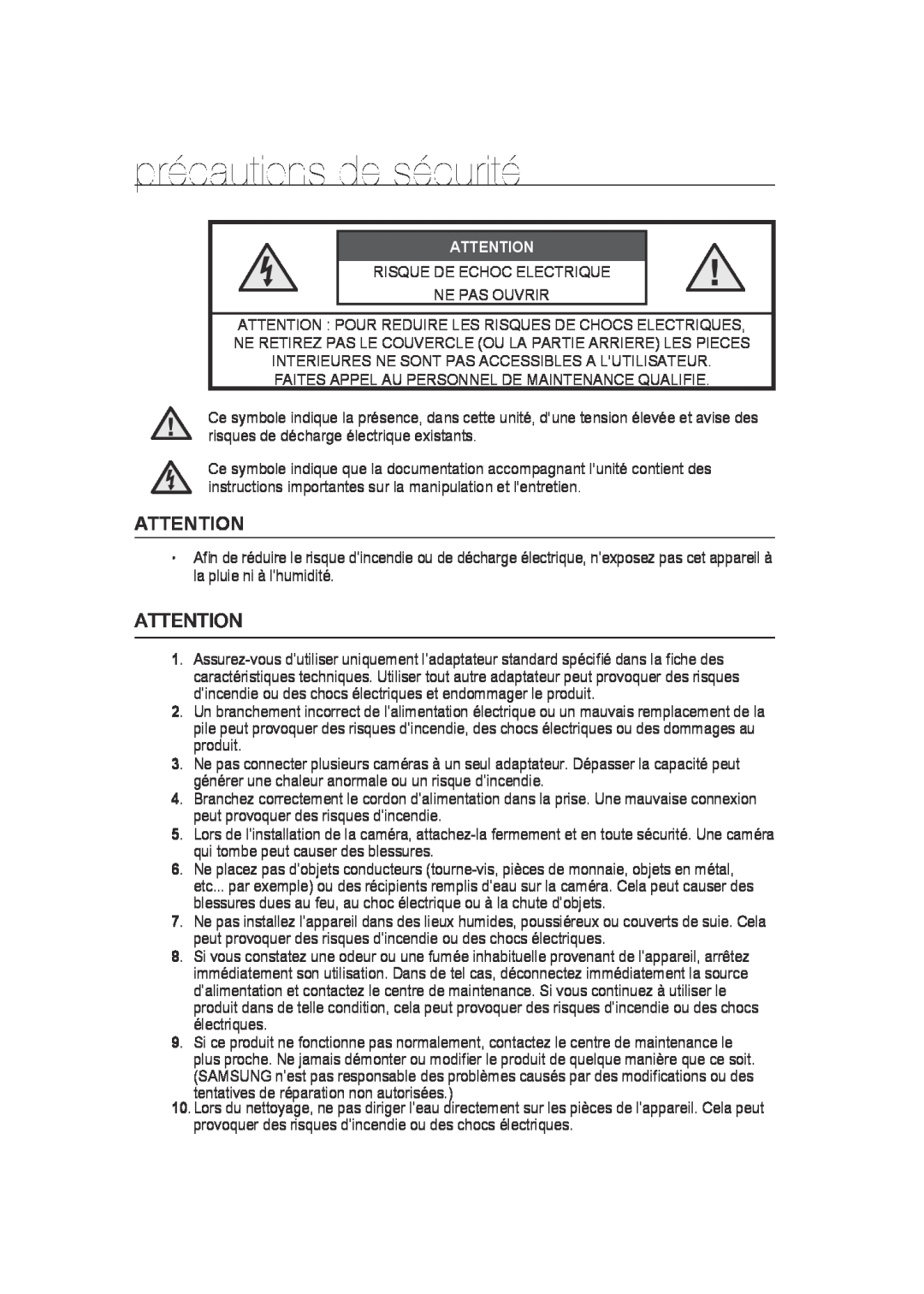 Samsung SCC-B9372P manual précautions de sécurité 