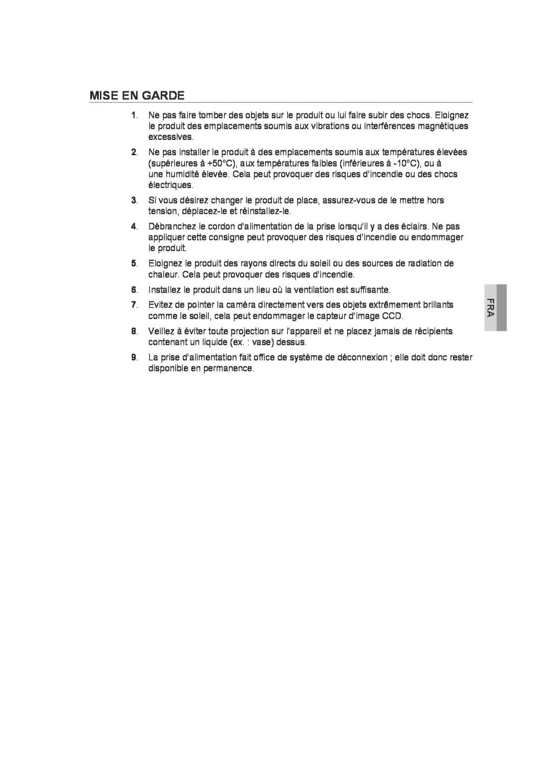 Samsung SCC-B9372P manual Mise En Garde 