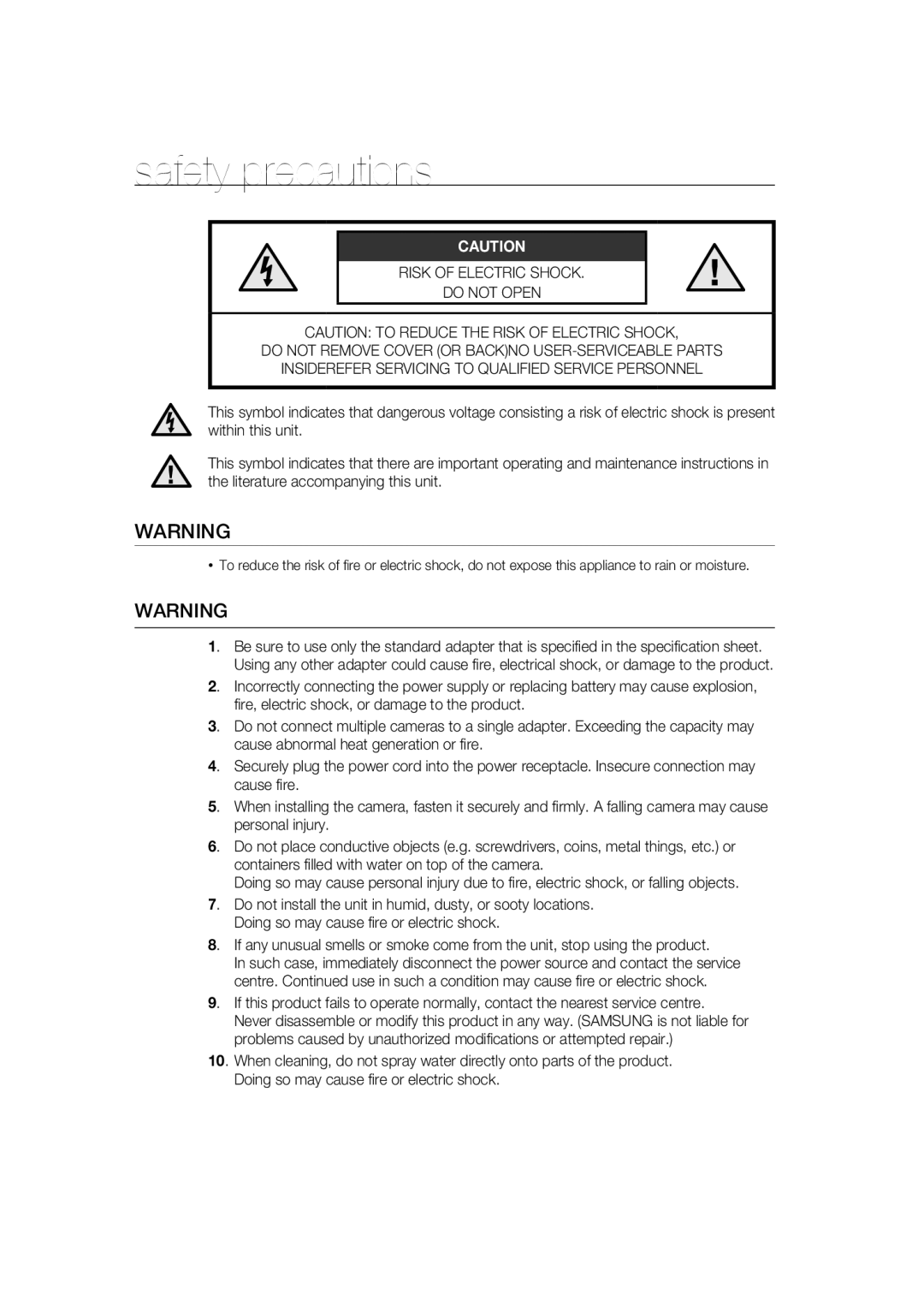 Samsung SCC-B9372P manual safety precautions, Do Not Open, Caution To Reduce The Risk Of Electric Shock 