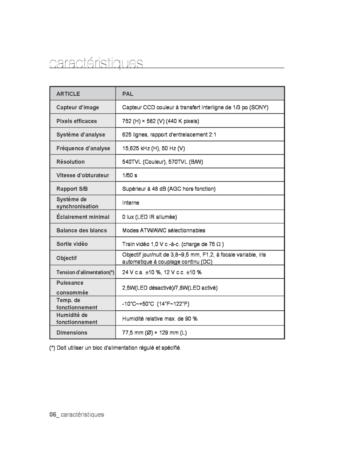 Samsung SCC-B9372P manual caractéristiques 