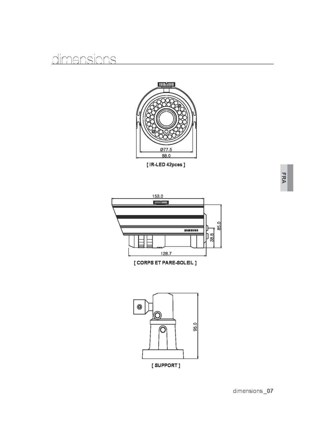 Samsung SCC-B9372P manual dimensions, IR-LED 42pces, Corps Et Pare-Soleil Support 