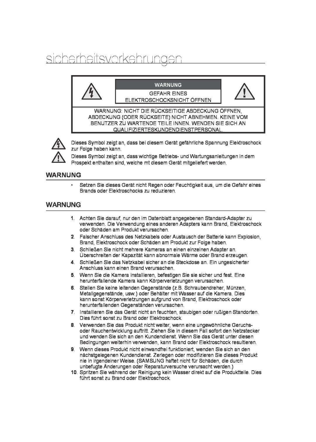 Samsung SCC-B9372P manual sicherheitsvorkehrungen, Warnung 