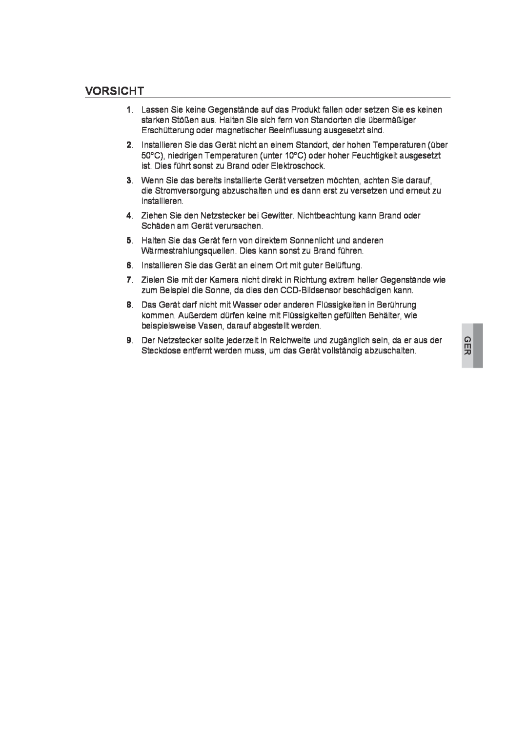 Samsung SCC-B9372P manual Vorsicht 