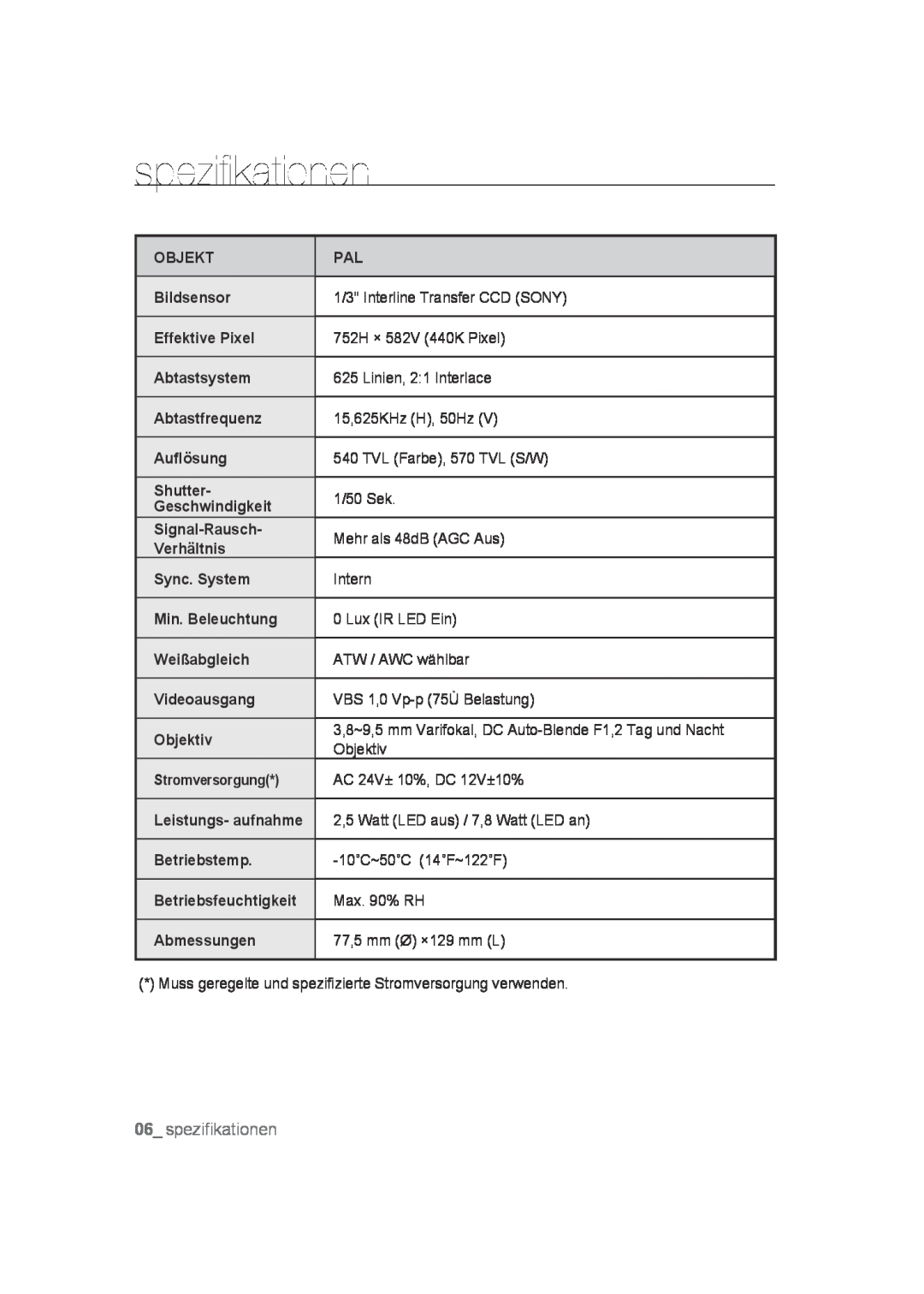 Samsung SCC-B9372P manual spezifikationen 